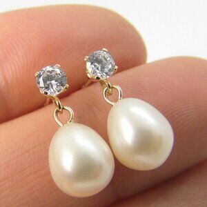 Dangle 14KY gold PEARL Stud Earrings NEW